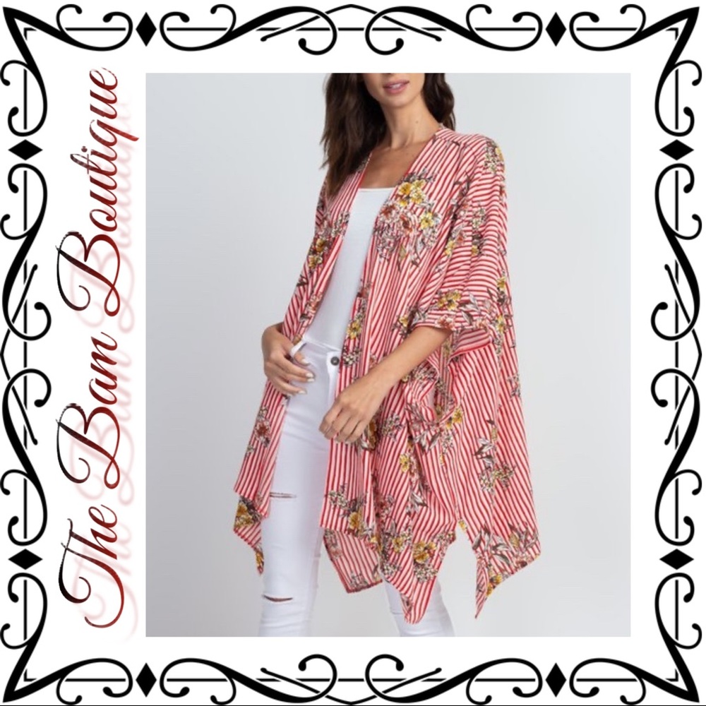 Red & White Floral Stripe Sidetail Kimono
